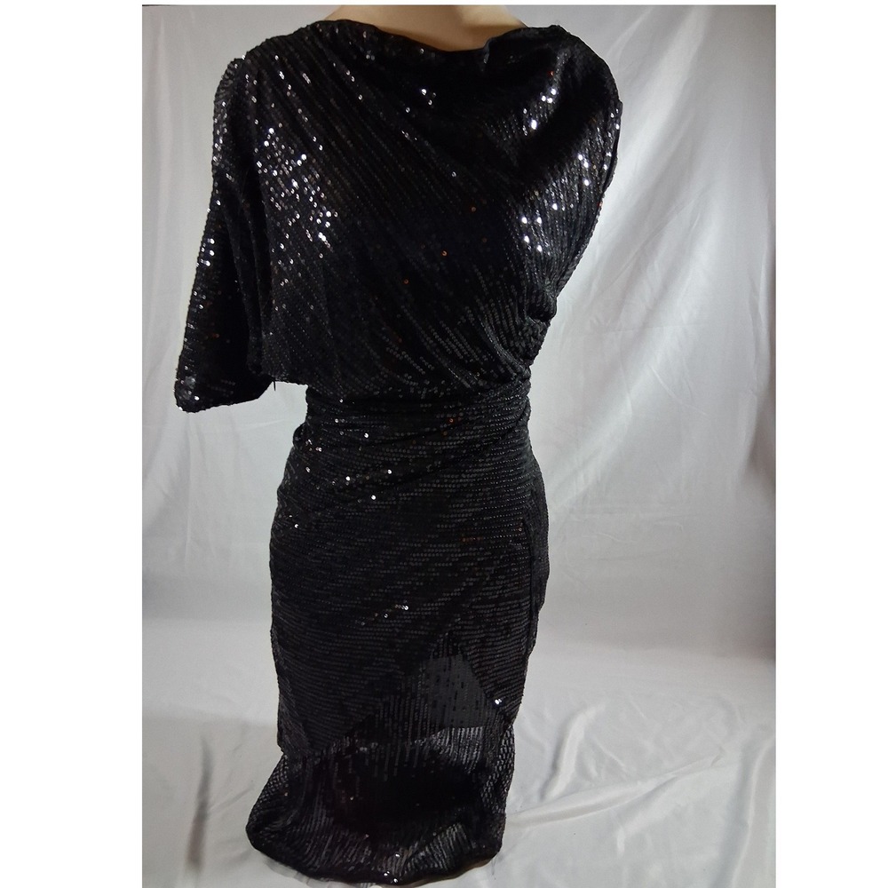 Black Sequin One Shoulder Ruched Wrap Cocktail Dress Tie Waist Evening Gown